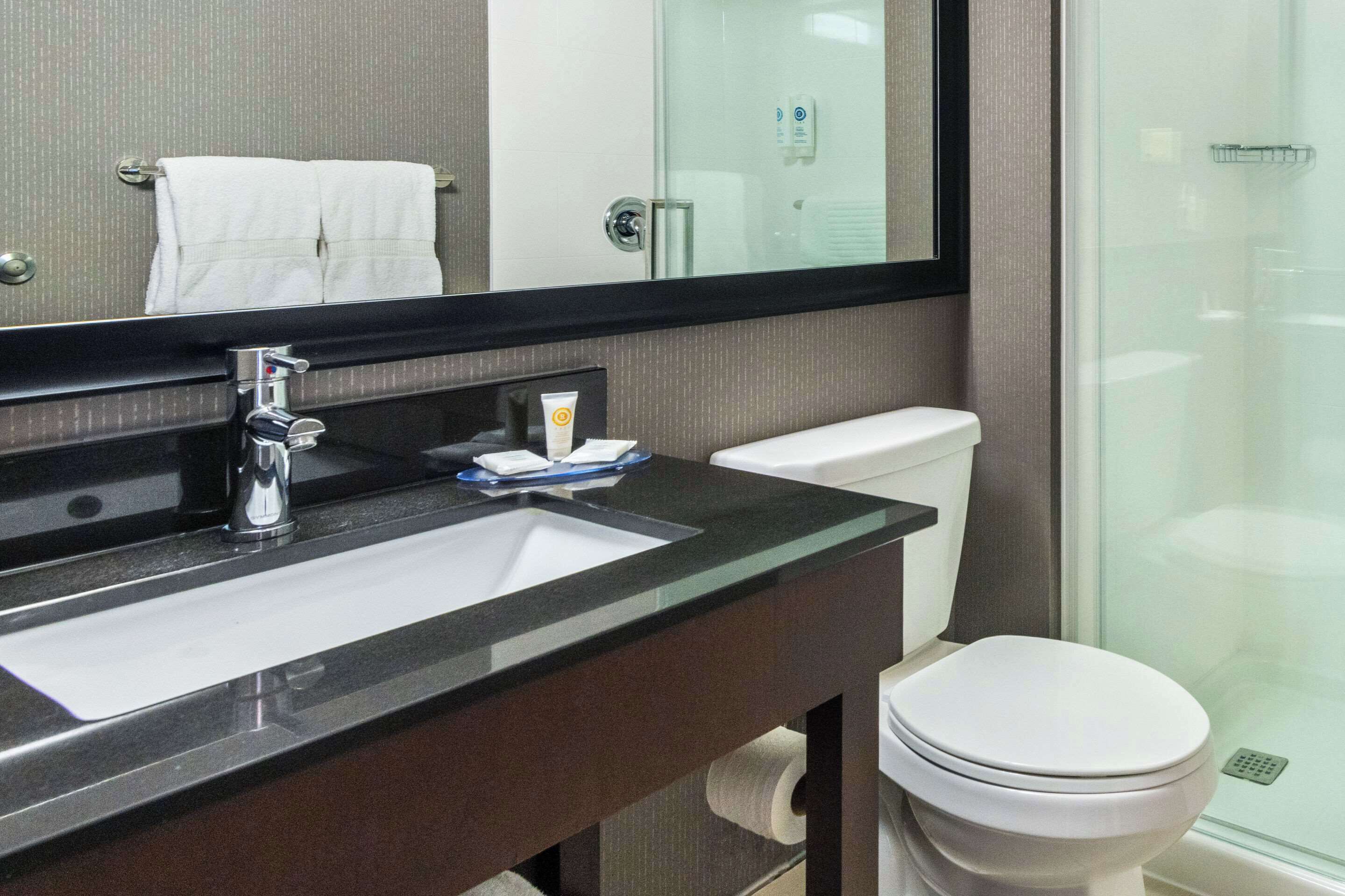 A modern bathroom with a glass shower enclosure, a white toilet, and a sink with a black countertop.