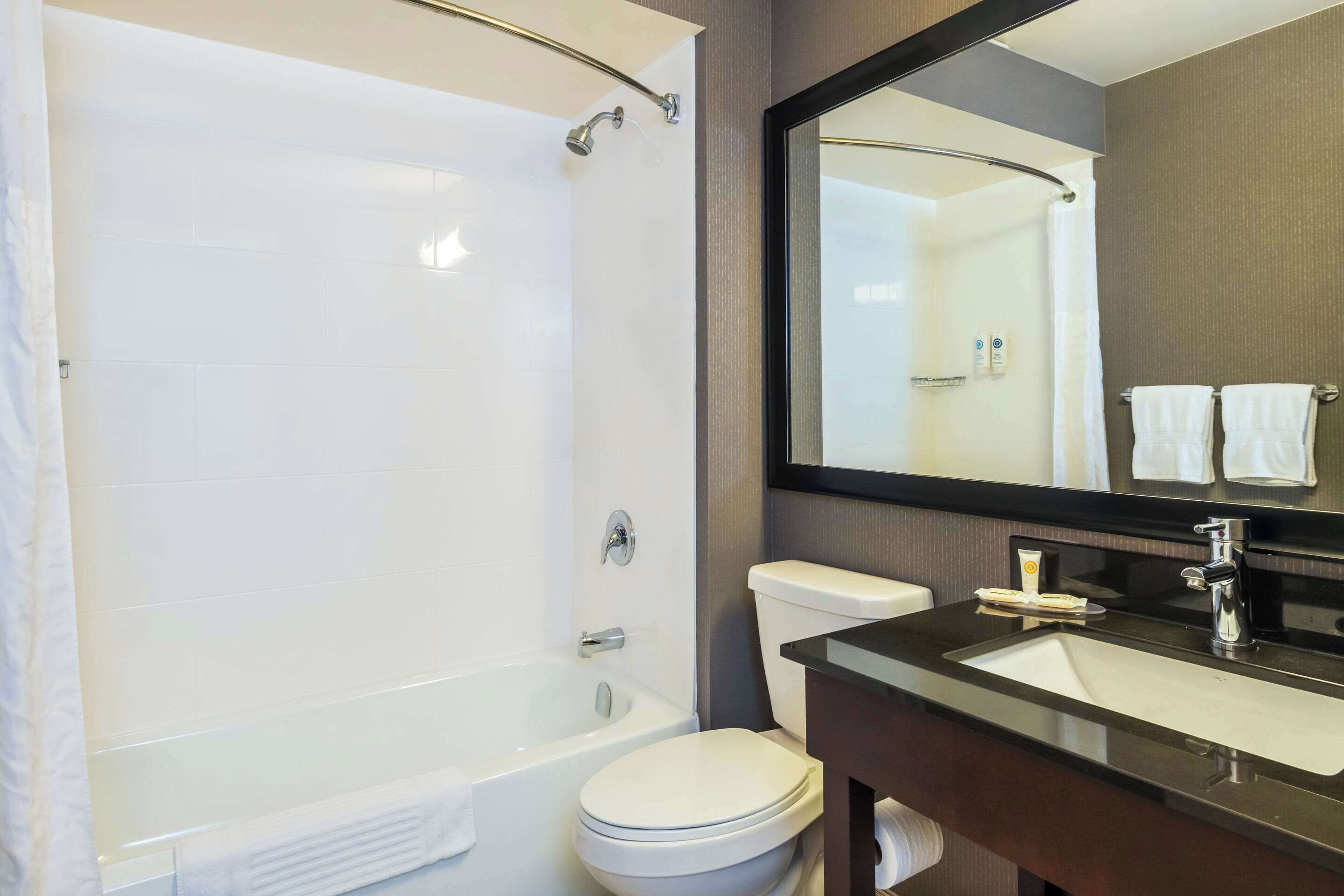 Une salle de bain moderne avec une baignoire, des toilettes et un lavabo.