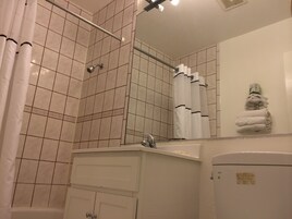 Un baño con ducha, lavabo e inodoro.