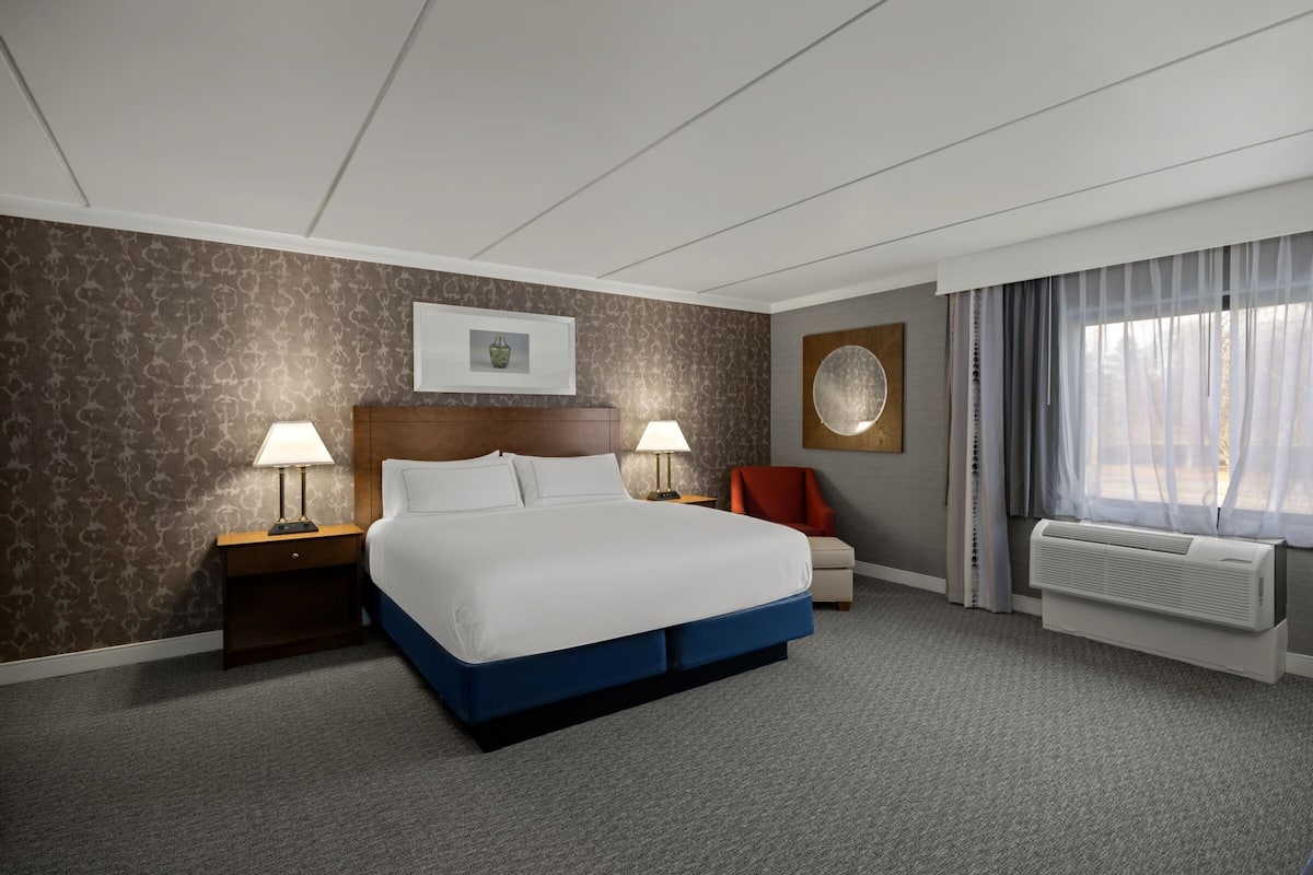 Une chambre d’hôtel avec un grand lit, deux tables de chevet avec des lampes, un fauteuil rouge, un climatiseur fixé au mur et une fenêtre avec des rideaux.