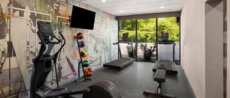 Un gimnasio con equipo de ejercicio, un televisor y vistas al verdor.