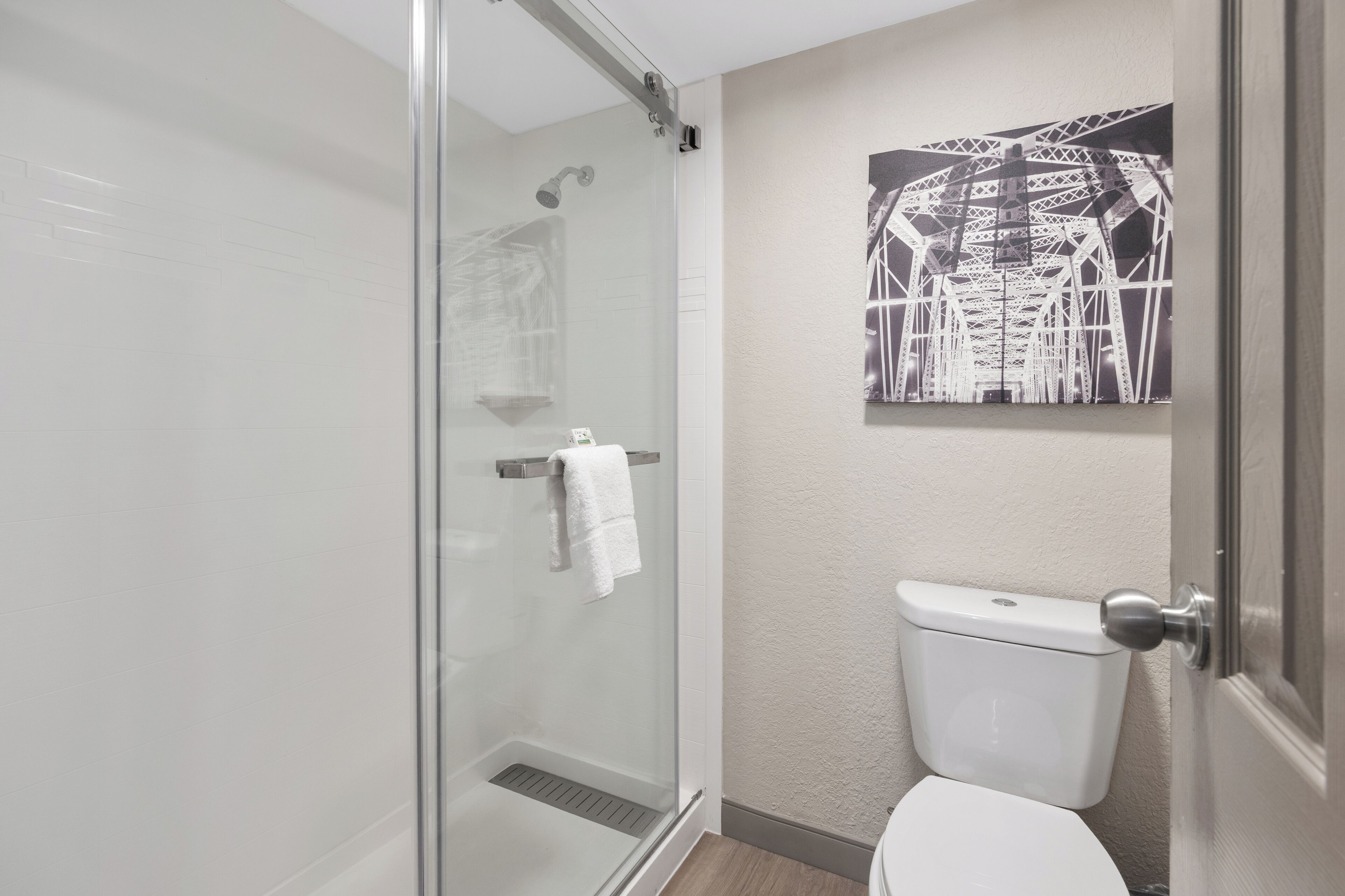 A bathroom with a glass-enclosed shower, a white toilet, and a wall-mounted towel rack.