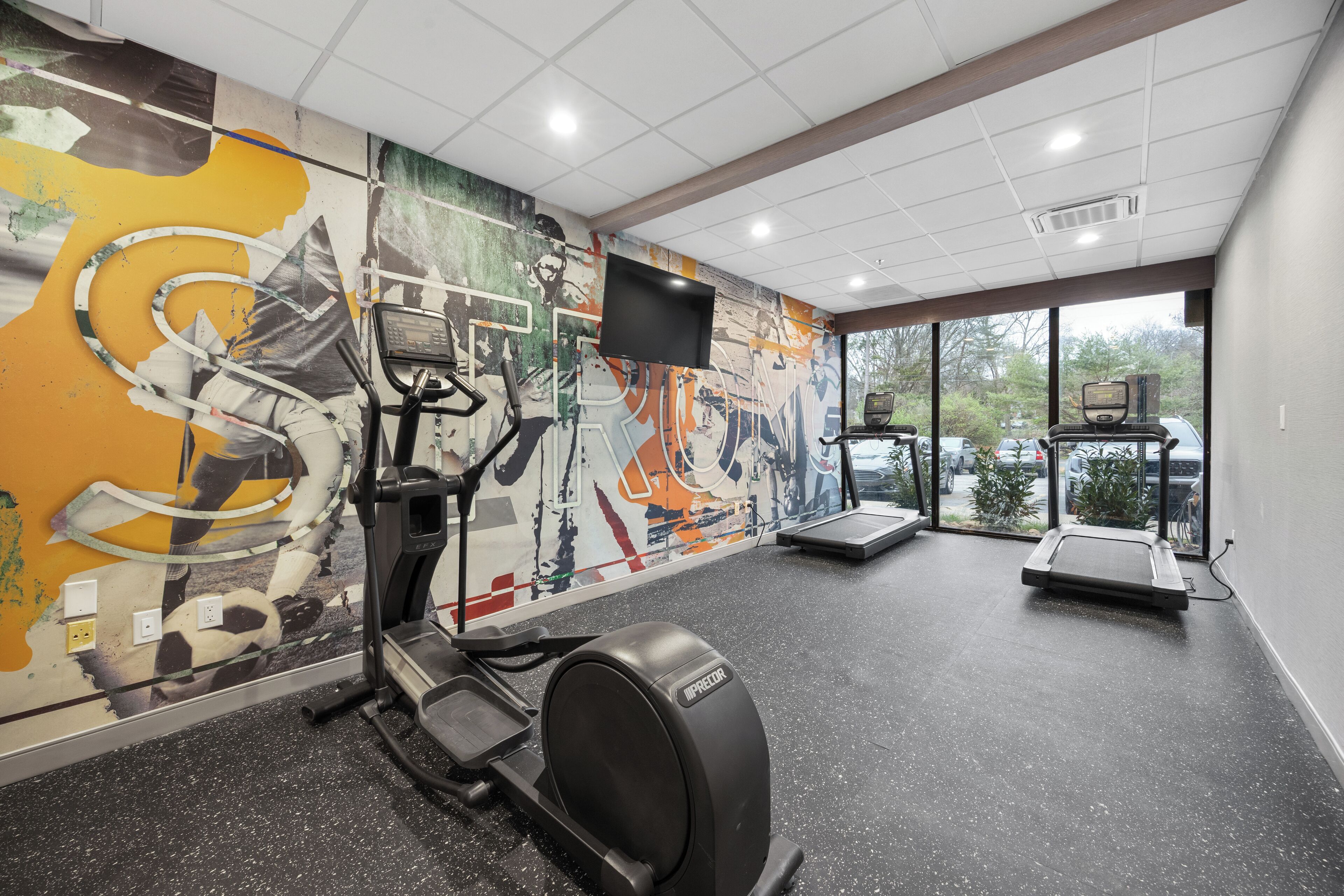 Ein Fitnessstudio mit Trainingsgeräten, einer Wandmalerei und einem Fernsehbildschirm.