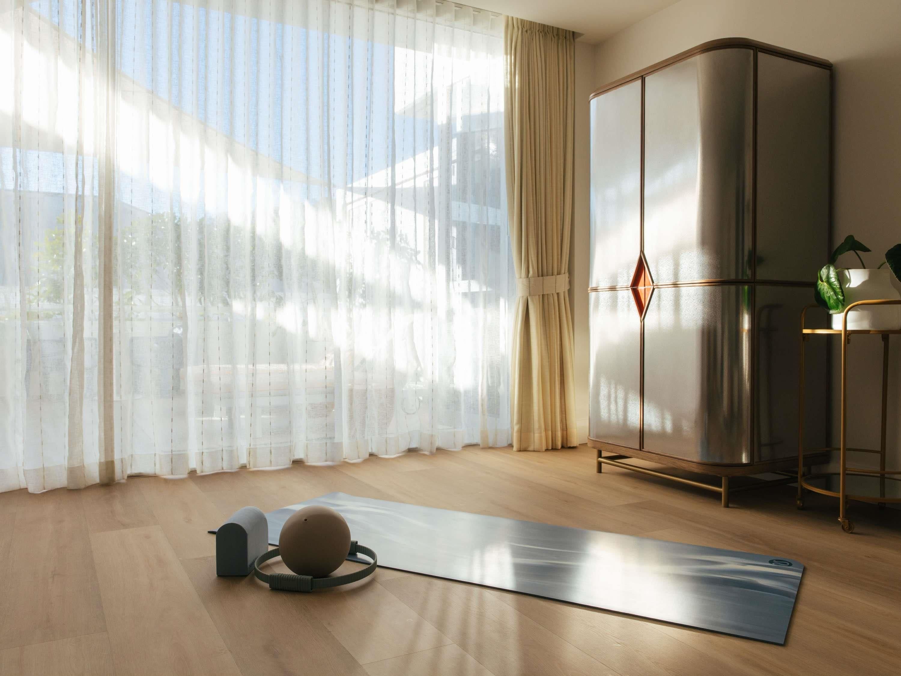 A room with a yoga mat, a yoga ball, a cabinet, and a plant on a table.