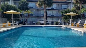 A swimming pool with a 6 FT depth marker, surrounded by a fence, with palm trees and umbrellas.
