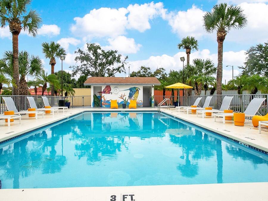 Piscina all'aperto, ombrelloni da piscina, lettini