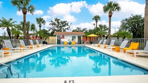 Outdoor pool, open 9 AM to 10:00 PM, pool umbrellas, sun loungers