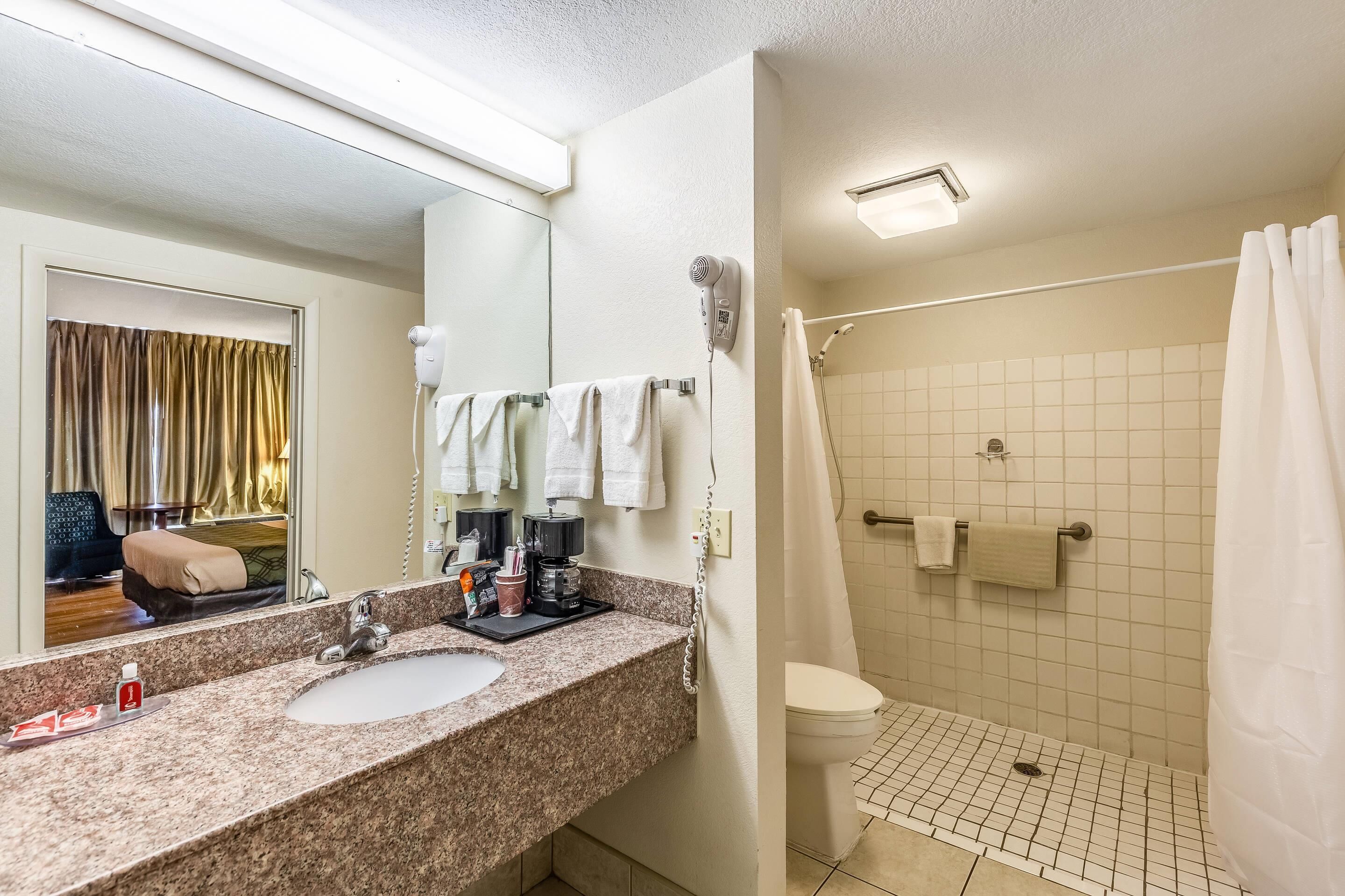 Une salle de bain d’hôtel équipée d’un lavabo, d’un miroir, d’un sèche-cheveux et d’une douche.