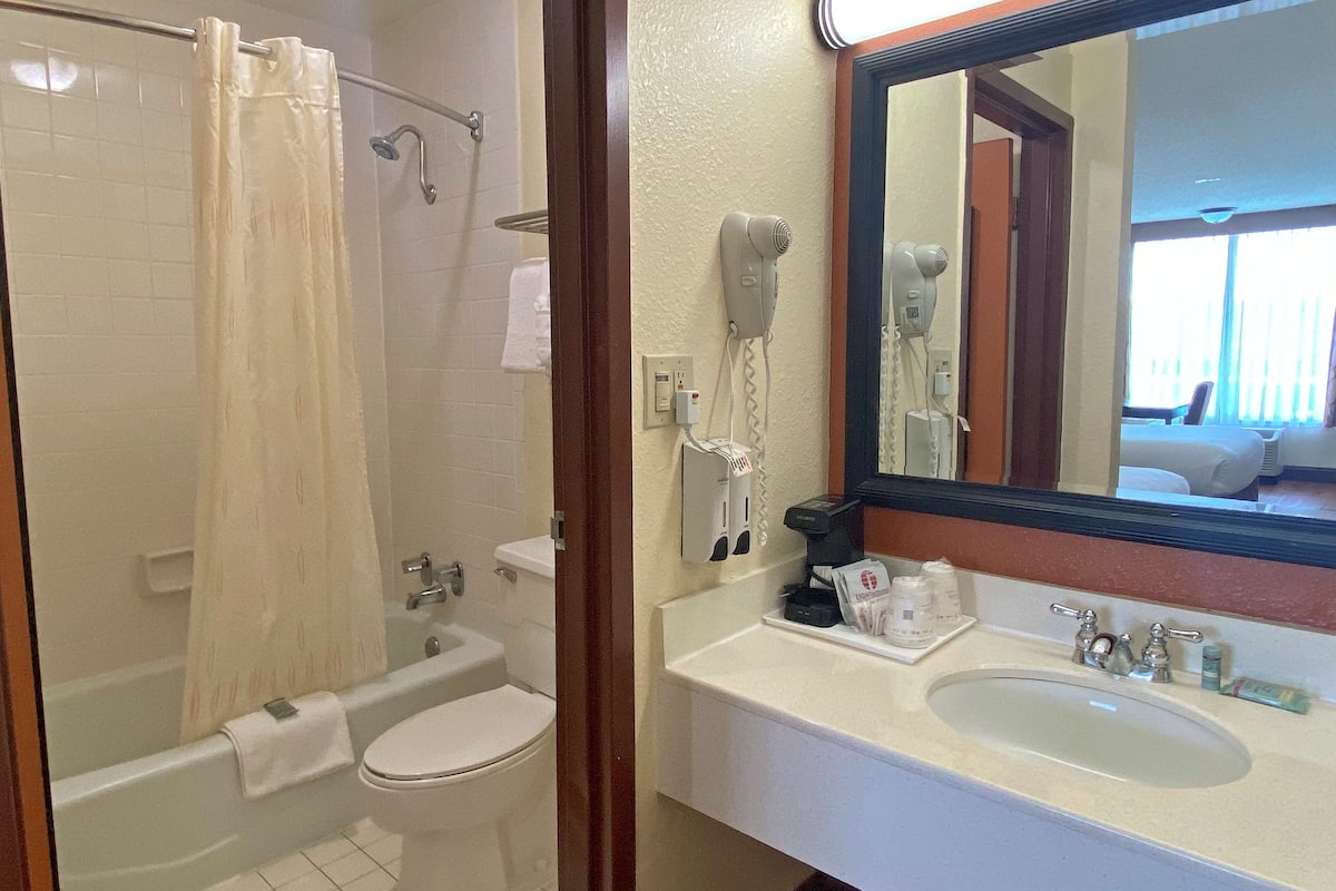 combined shower/bathtub, eco-friendly toiletries, hair dryer, towels