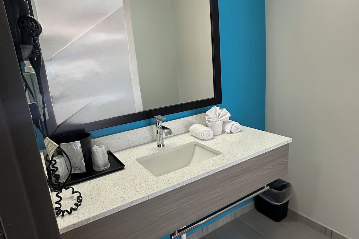 combined shower/bathtub, eco-friendly toiletries, hair dryer, towels