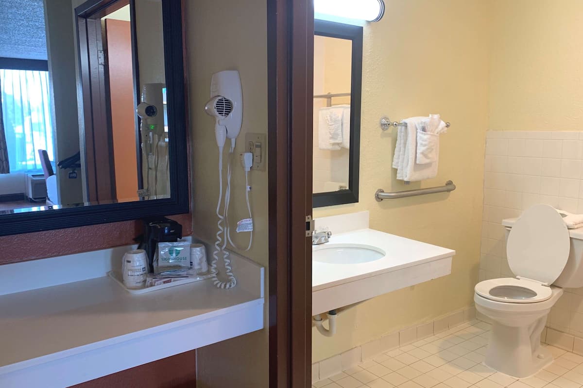 combined shower/bathtub, eco-friendly toiletries, hair dryer, towels