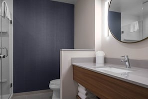 Une salle de bain moderne avec un mur de couleur sombre, des toilettes blanches, un meuble-lavabo en bois et un miroir.