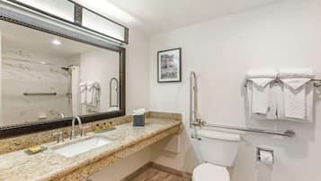 Un baño moderno con encimera de granito, un lavabo blanco, un espejo grande, un inodoro y un perchero para toallas.