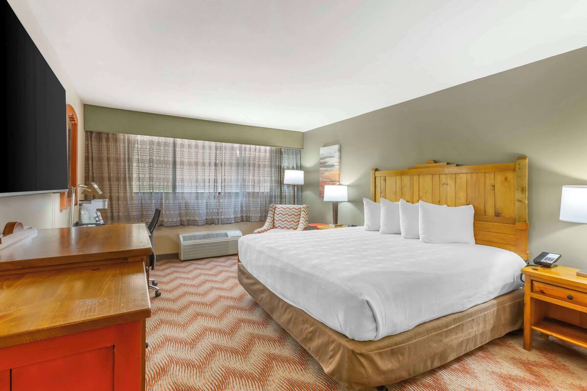 A hotel room with a large bed, a desk, a chair, a TV, and a window with curtains.