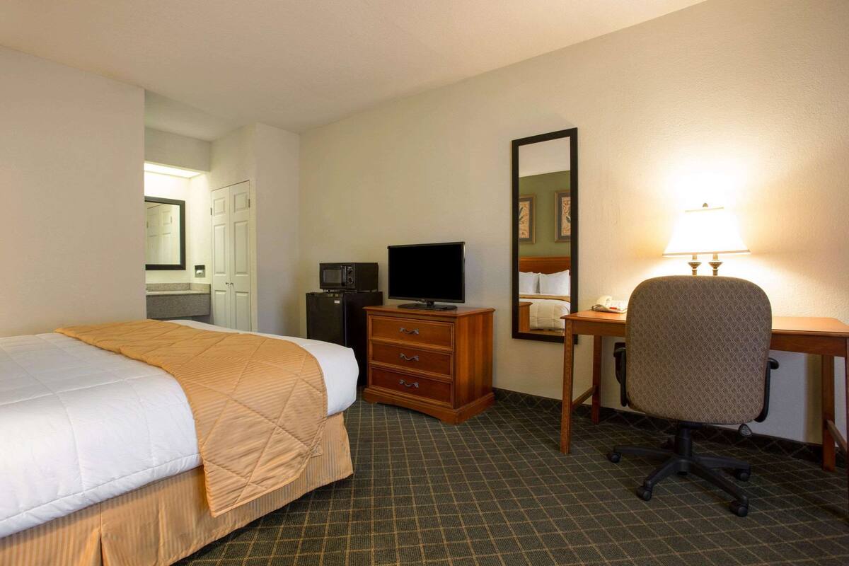 Une chambre d’hôtel comprenant un lit, un bureau, une chaise, une télévision, une commode et un miroir.