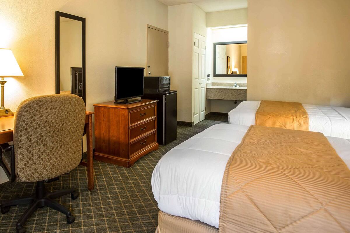Une chambre d’hôtel avec deux lits, un bureau avec un ordinateur, une télévision et un miroir.
