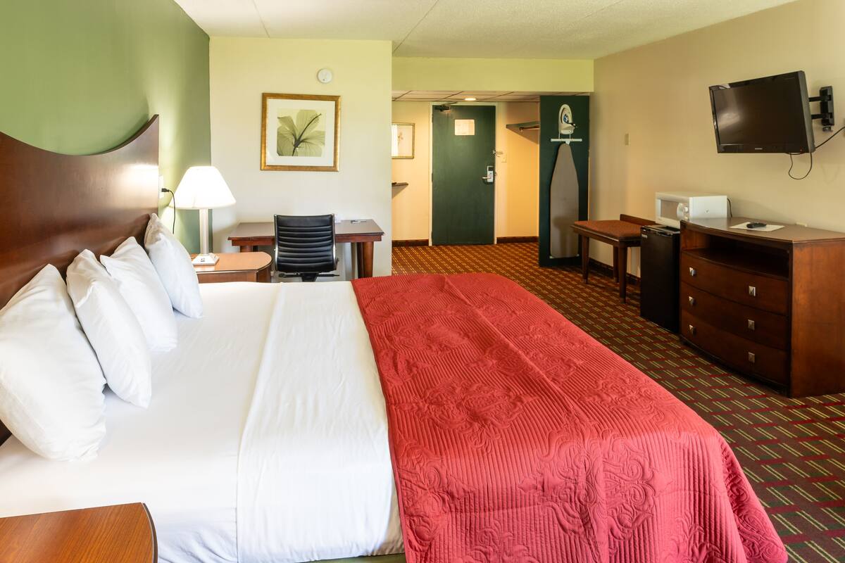 A hotel room with a large bed, a desk, a chair, a television, and a microwave.