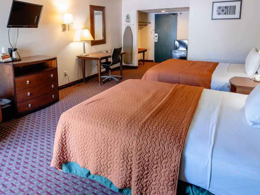 A hotel room with two beds, a desk, a chair, a dresser, a TV, and a bathroom door.