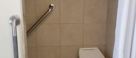 Ein kleiner, abgeschlossener Duschbereich mit Haltegriff, Trittstufe und Duschvorhang.