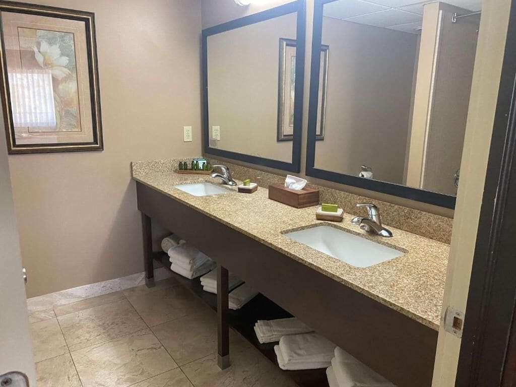 A bathroom with two sinks, a large mirror, and a framed picture on the wall.