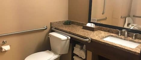 Un baño con inodoro, lavabo, espejo y toallero.