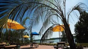 An outdoor patio area with tables and chairs, palm trees, and umbrellas providing shade. - Fourwinds Lakeside Inn & Marina (Bloomington)