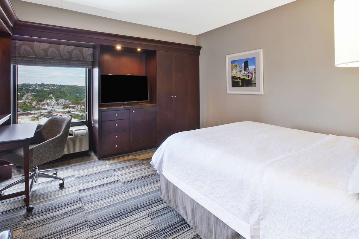 A hotel room with a large bed, a desk with a chair, a television, and a city view through the window.