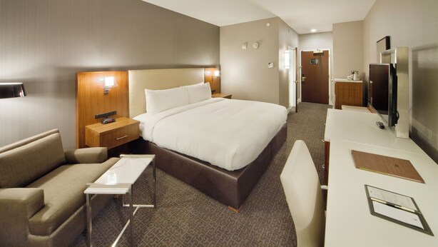 A hotel room with a large bed, a desk with a TV, a sofa, and a bedside table with a lamp. - DoubleTree by Hilton Hotel Nanuet (Nanuet)