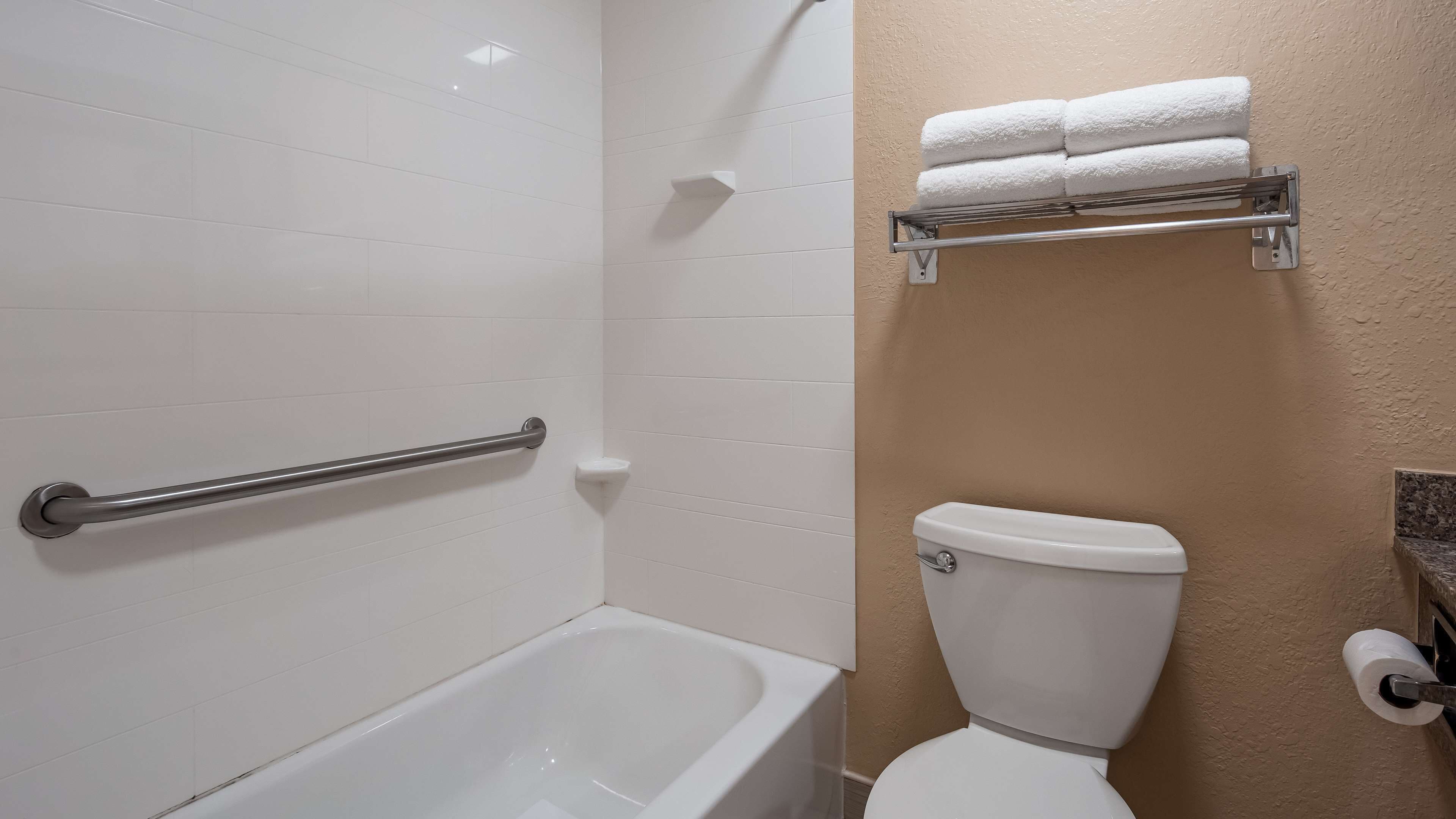 combined shower/bathtub, deep-soaking bathtub, eco-friendly toiletries