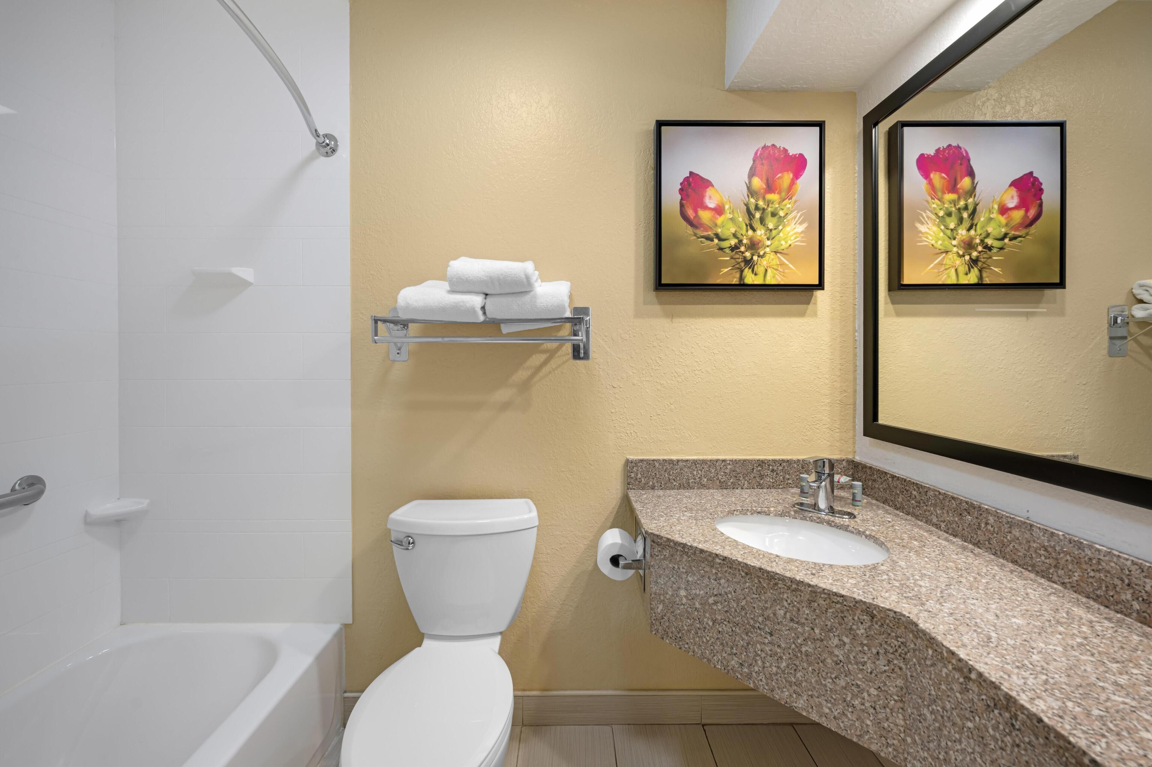 Ein Badezimmer mit Toilette, Waschbecken mit Granitplatte und Duschbereich.