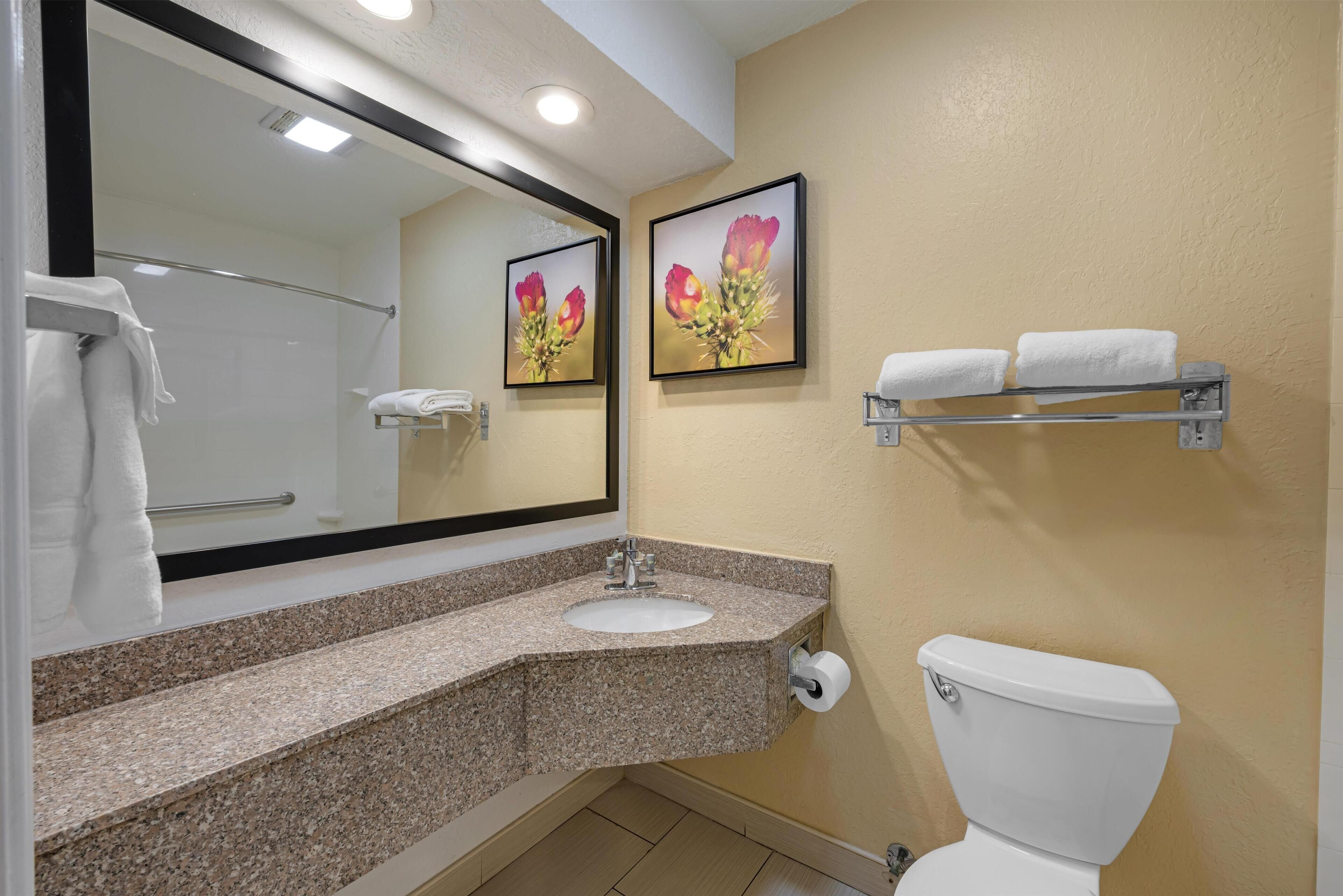 A bathroom with a granite countertop sink, a toilet, a towel rack, and two framed floral pictures on the wall.