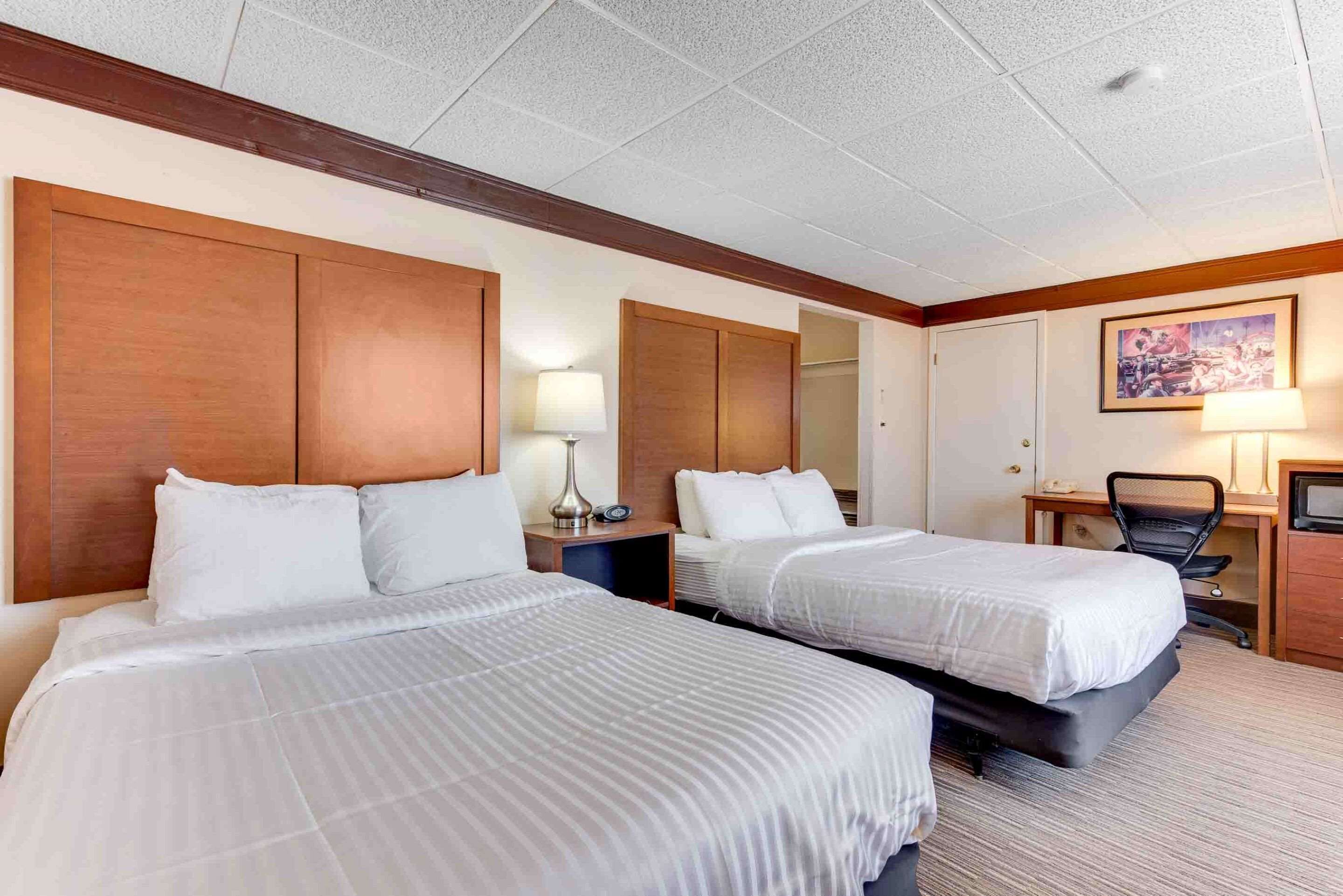 standard room, 2 double beds, non smoking, refrigerator & microwave (movie view) | 1 bedroom, desk, blackout curtains, iron/ironing board