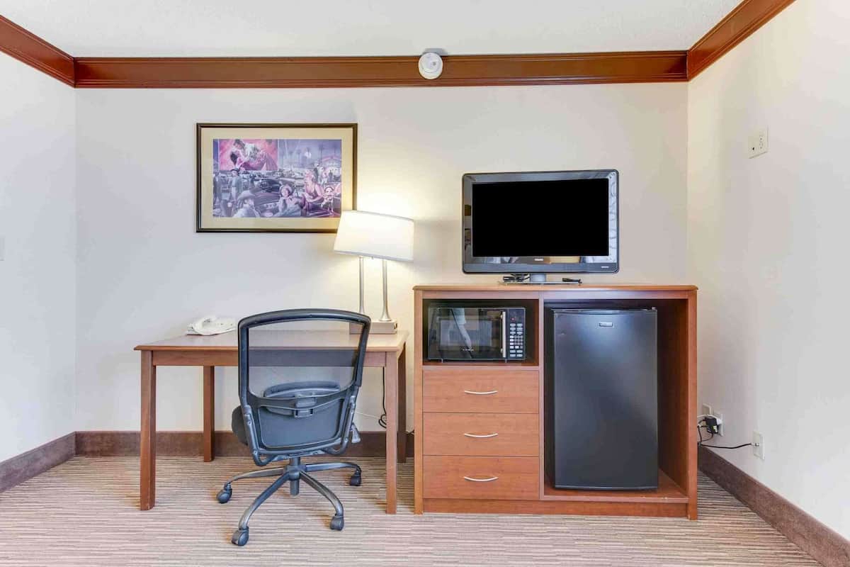 1 bedroom, desk, blackout curtains, iron/ironing board