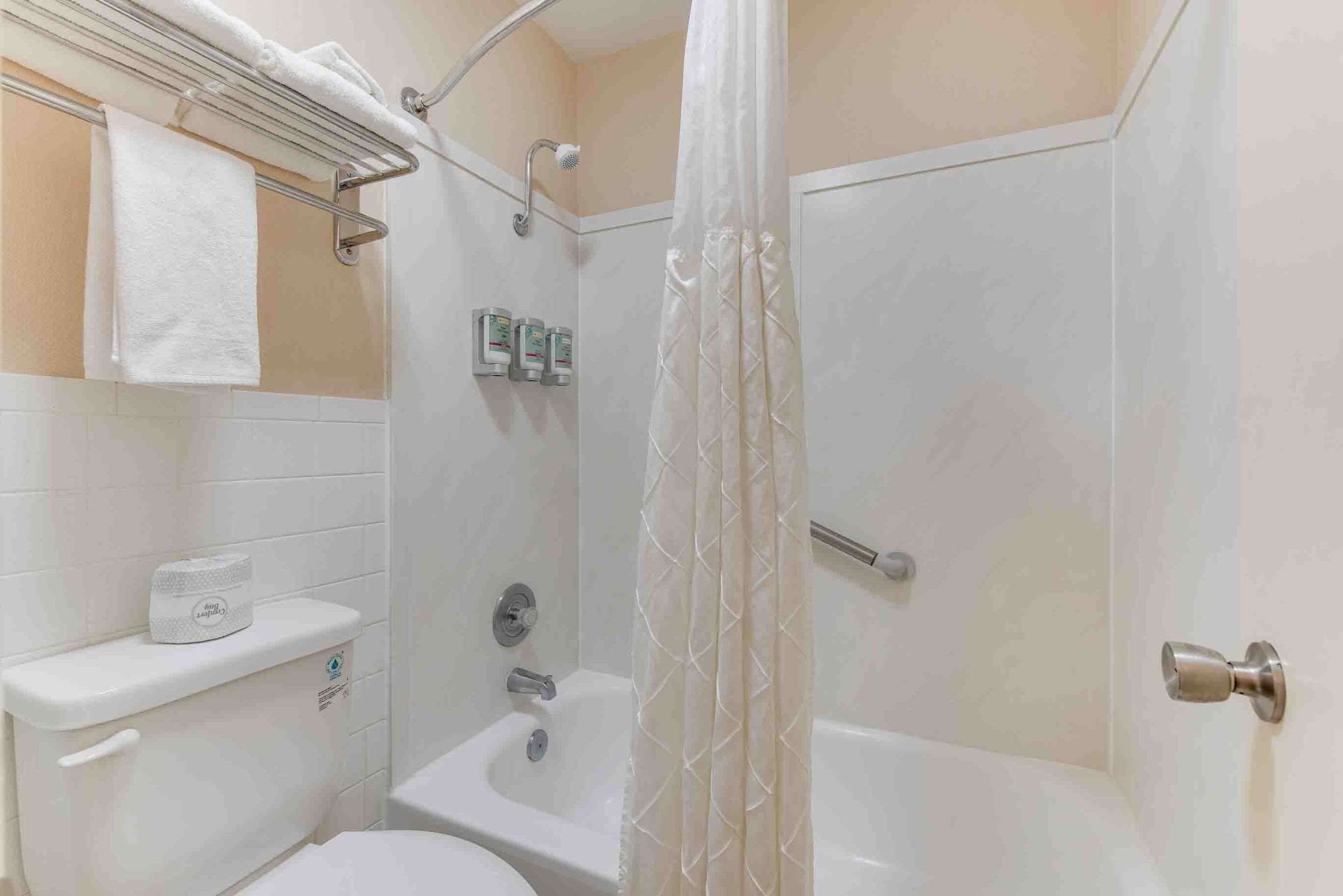 A bathroom with a shower, toilet, and sink.