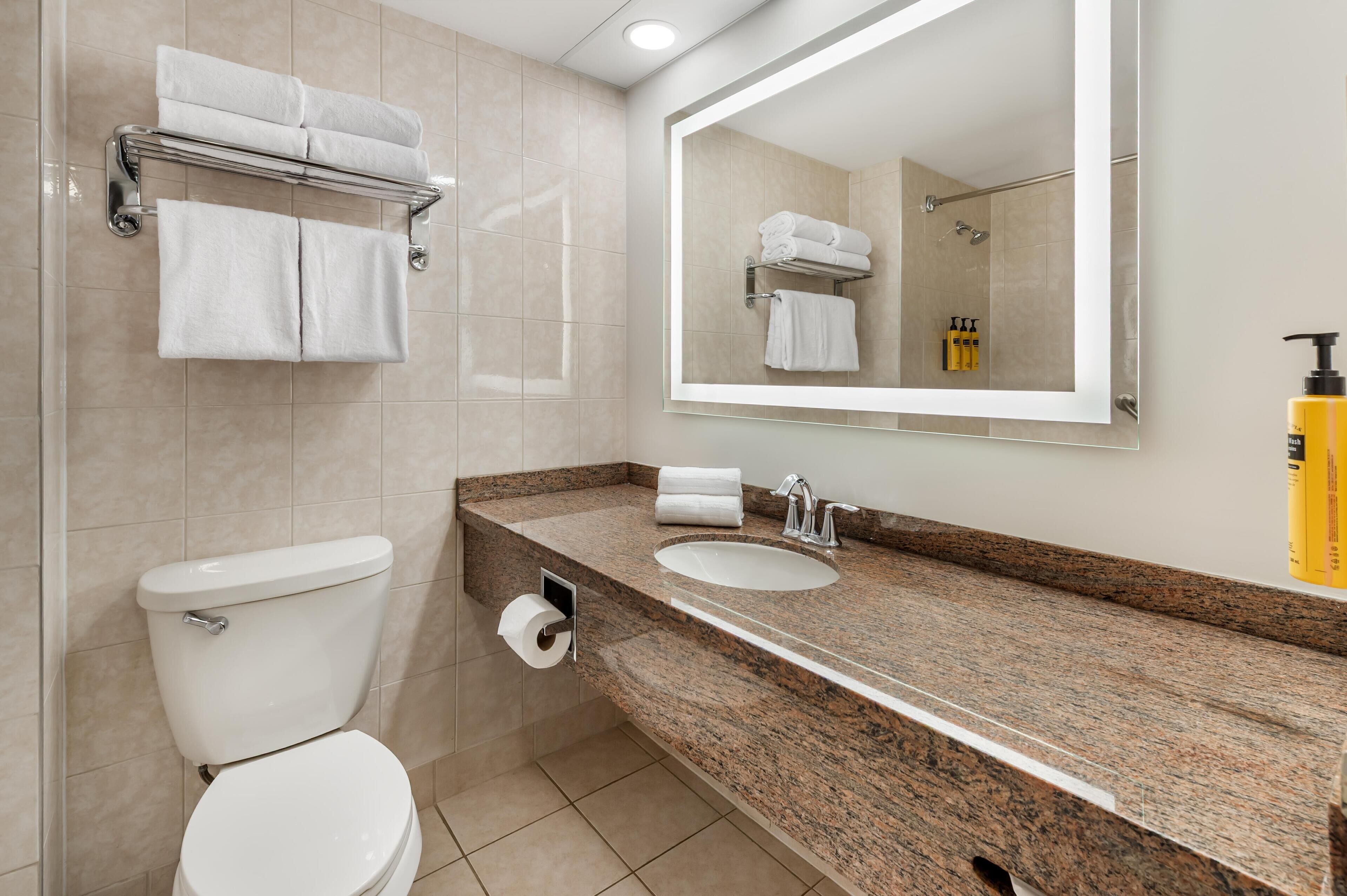Un bagno con il water, un lavandino e un portasciugamani con asciugamani piegati.
