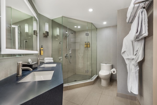 Combined shower/tub, free toiletries, hair dryer, towels