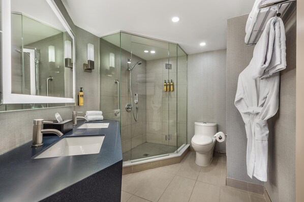 Combined shower/tub, free toiletries, hair dryer, towels