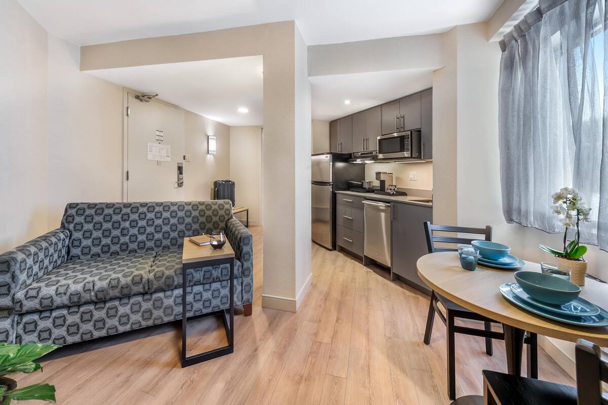 A compact living space with a sofa, a dining table with blue plates, a kitchen area with modern appliances, and a potted plant.
