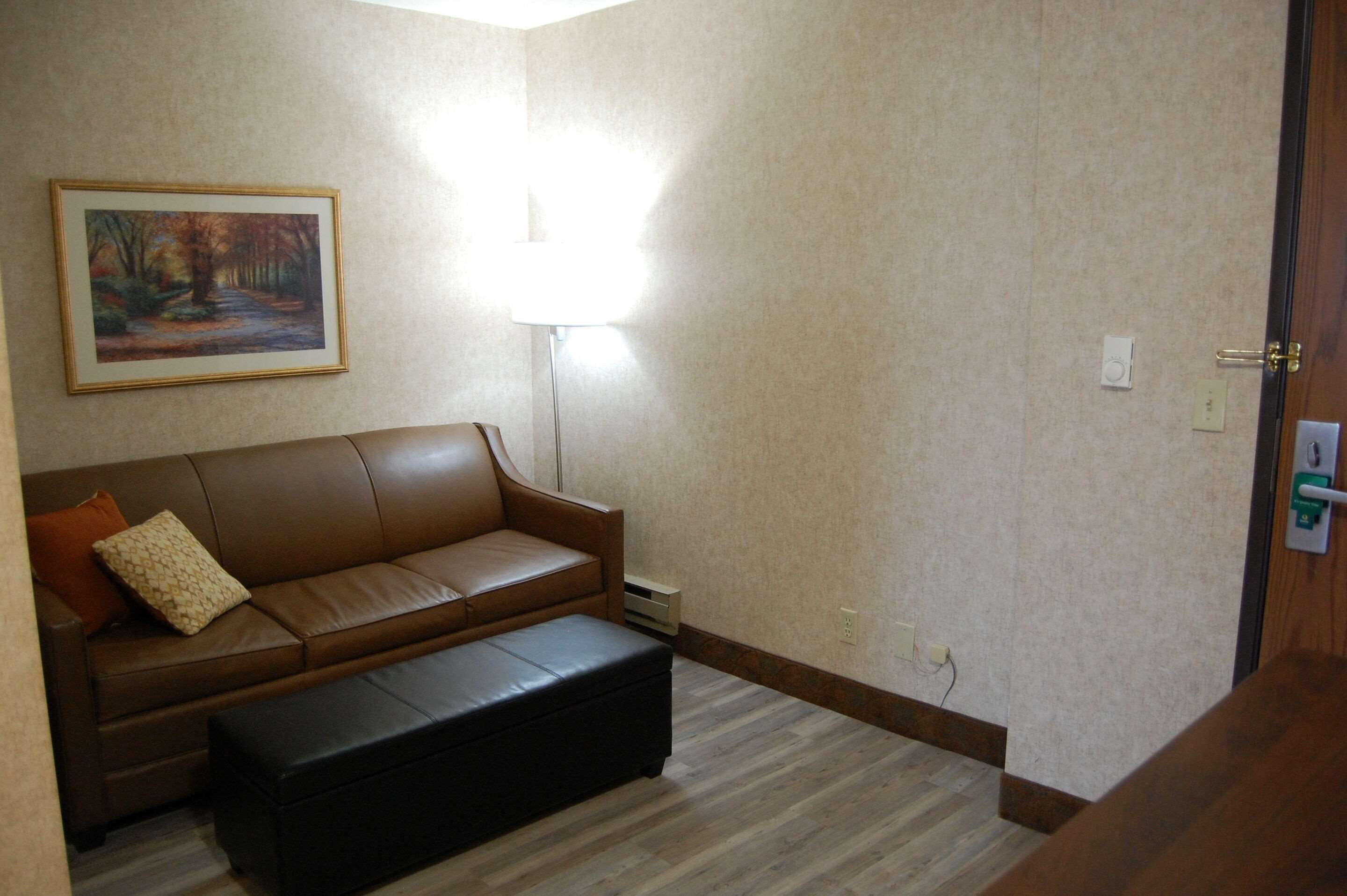 A room with a brown leather sofa, a black ottoman, a framed painting on the wall, and a lamp.