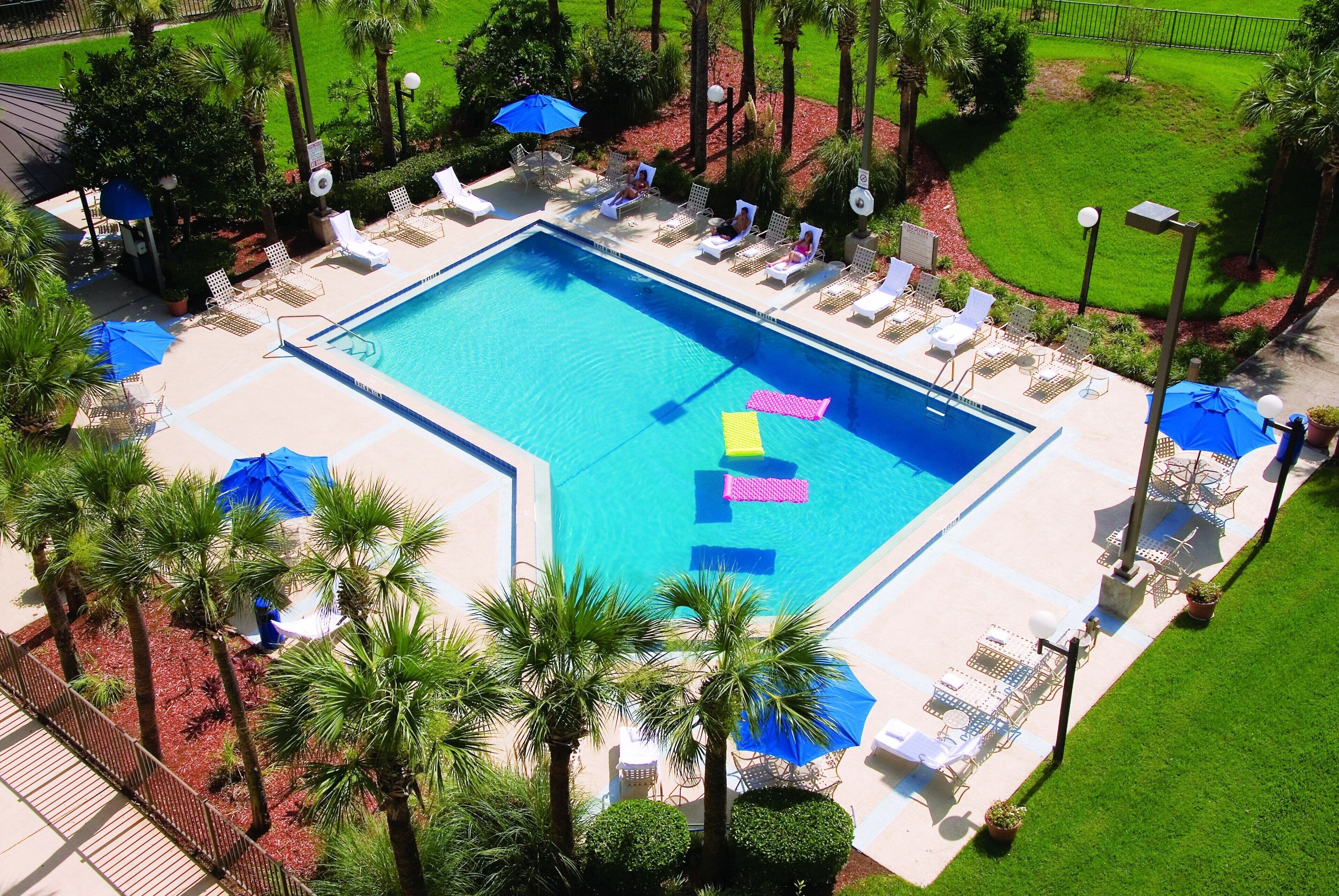 Una piscina con sillones de descanso y sombrillas, rodeada de palmeras y un césped cuidado.
