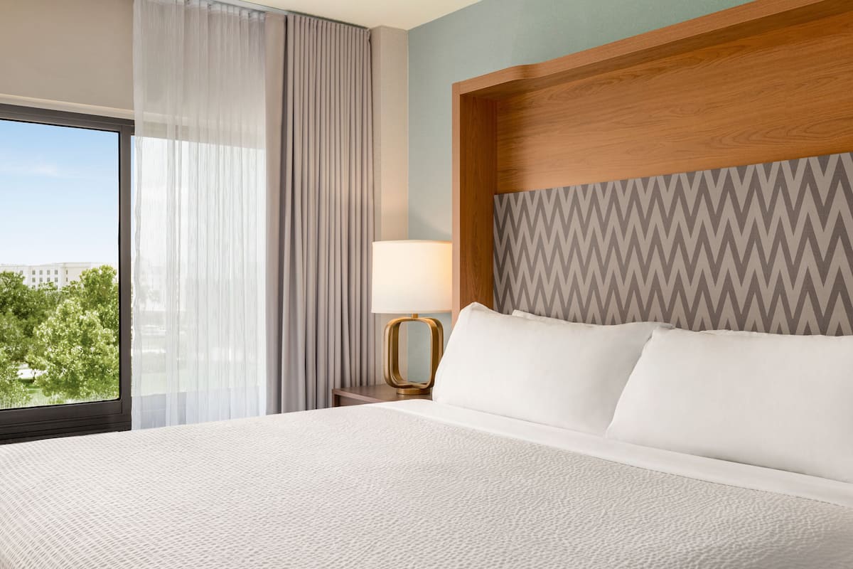 A hotel room with a large bed, a nightstand with a lamp, and a view of trees through the window.
