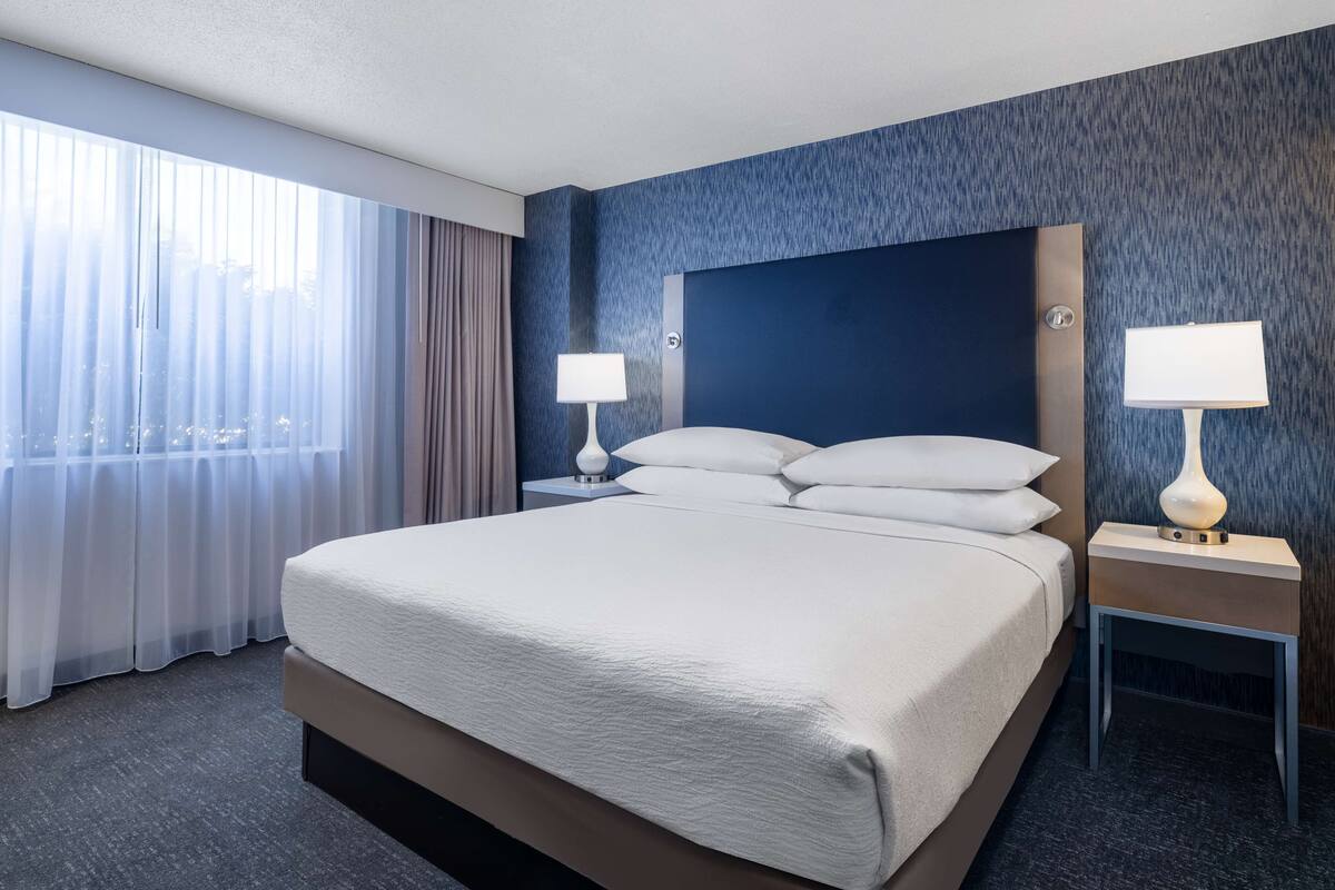 A hotel room with a large bed, two bedside tables with lamps, a window with curtains, and a textured blue wall.