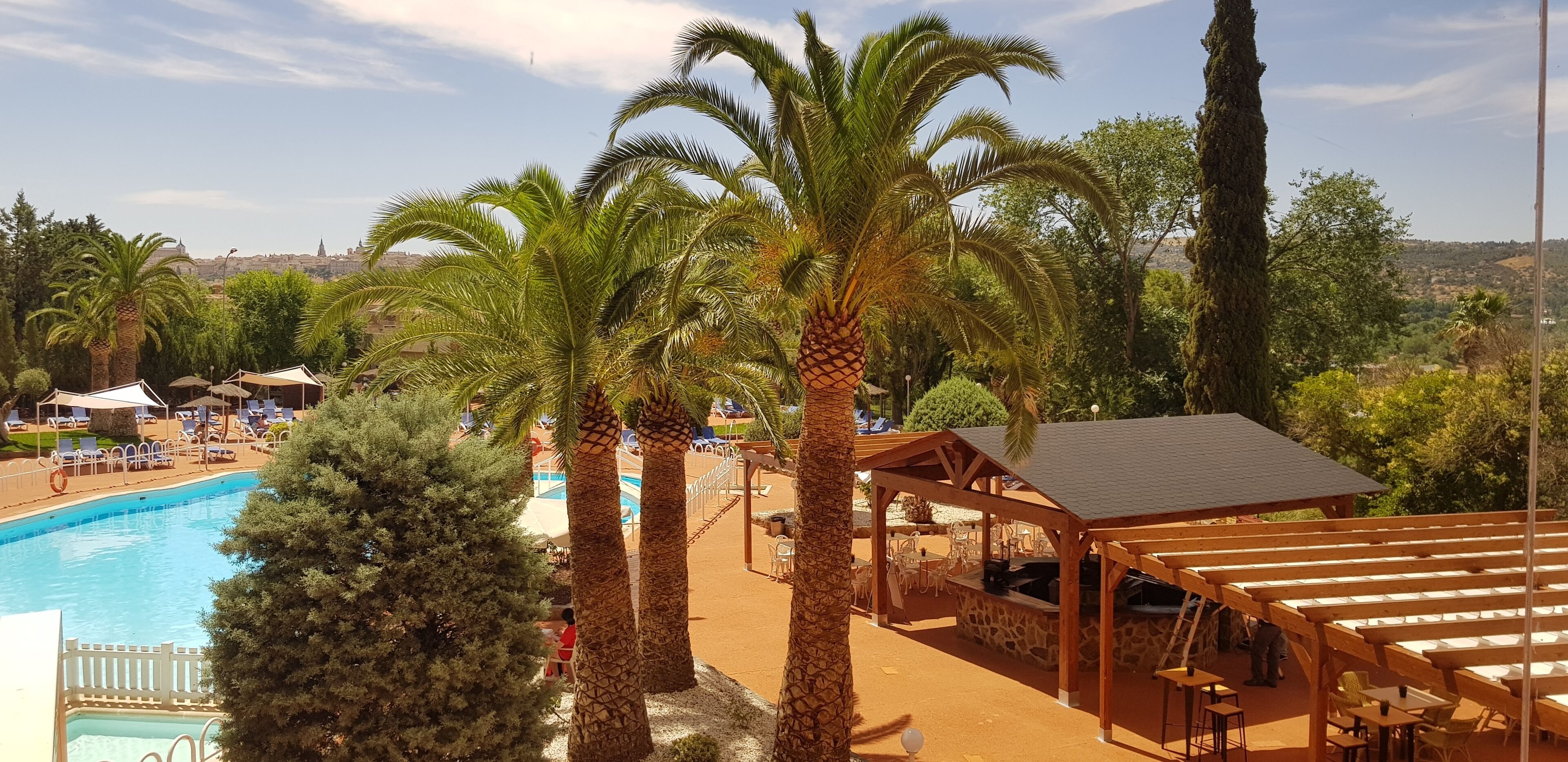 A pool area with lounge chairs and a covered seating area, surrounded by palm trees and a view of the city in the background.