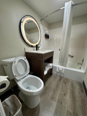 Une salle de bain équipée de toilettes, d’un lavabo, d’un miroir et d’une douche.