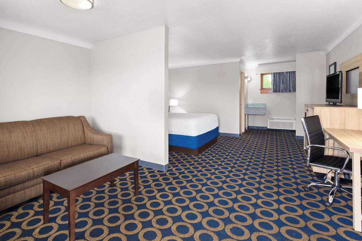 A hotel room with a sofa, a bed, a desk, a chair, and a patterned carpet.