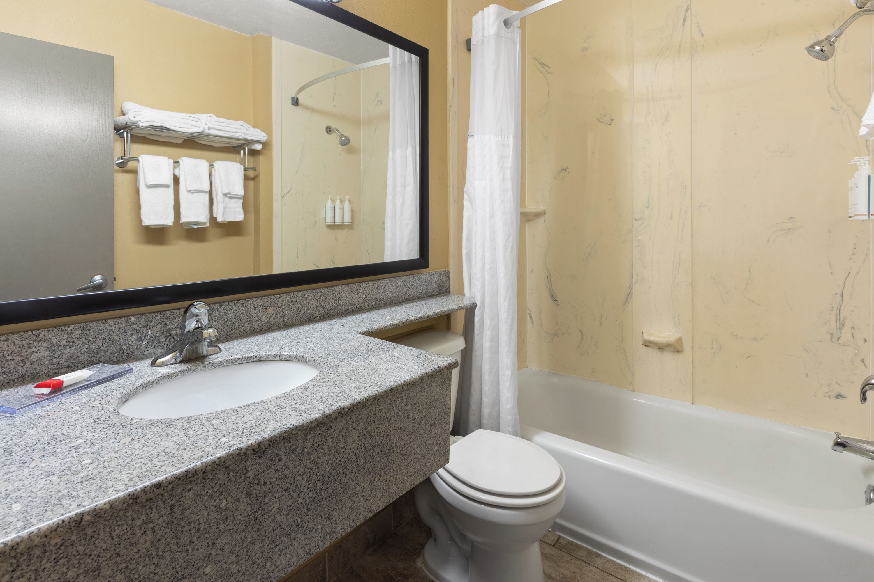 A bathroom with a granite sink, a mirror, a toilet, and a bathtub.