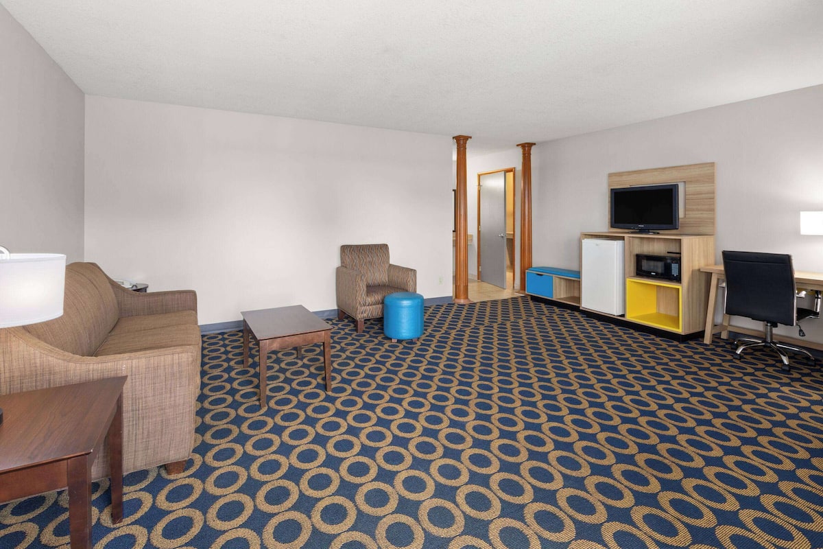 A hotel room with a patterned carpet, a sofa, a chair, a small table, a TV, a microwave, and a cabinet.