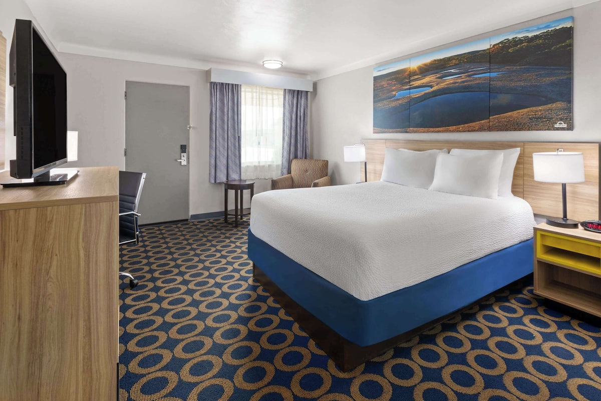 A hotel room with a large bed, a desk with a TV, a chair, and a painting on the wall.