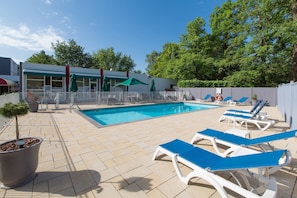 Seasonal outdoor pool, open 9 AM to 8 PM, sun loungers