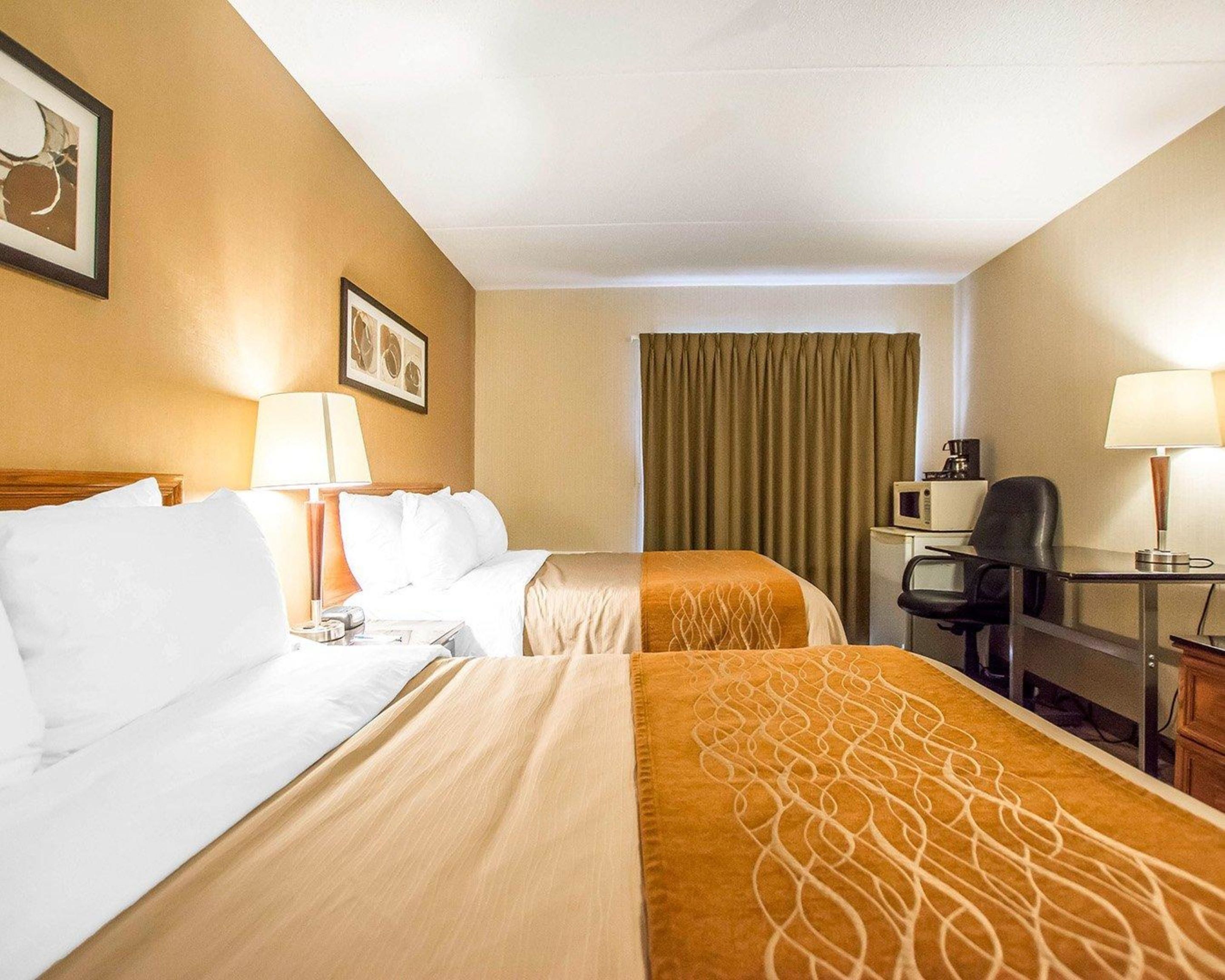A hotel room with two beds, a desk, a chair, a microwave, and a television.